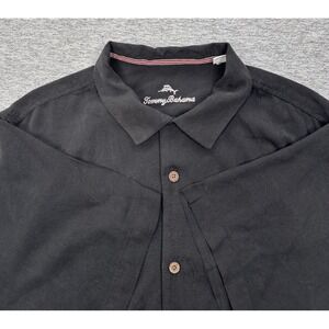 Tommy Bahama Shirt Mens XXL Black Silk Floral Hawaiian Loop Collar Button Up